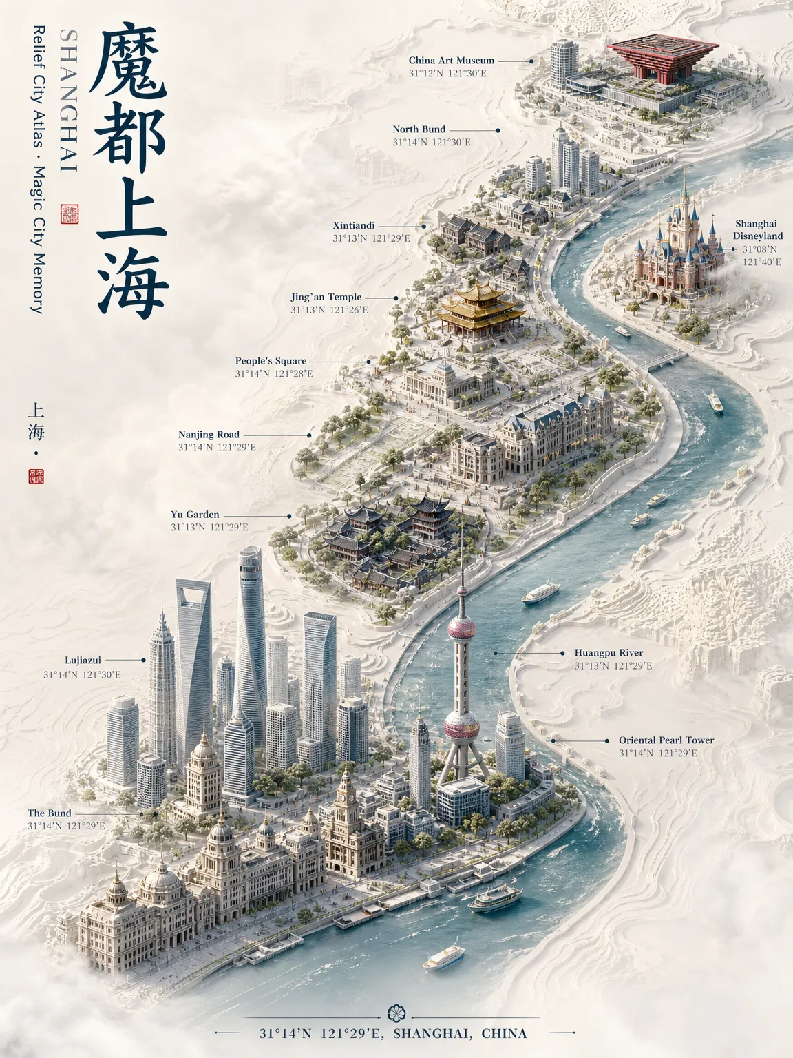 竖版文旅海报,主题“魔都上海”,3D石膏地形...