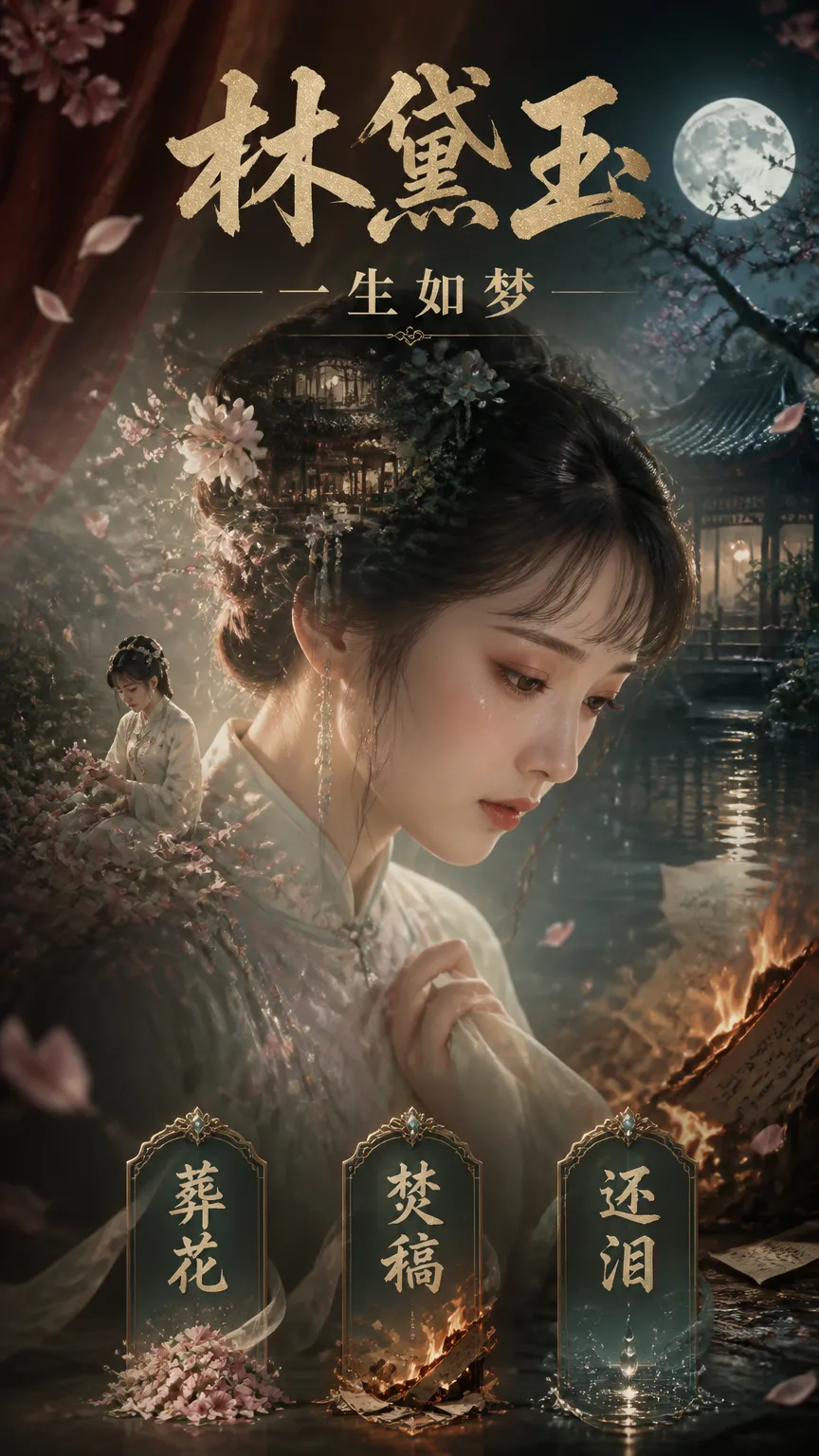 创作一张史诗级海报,展现林黛玉一生涯中最具标...